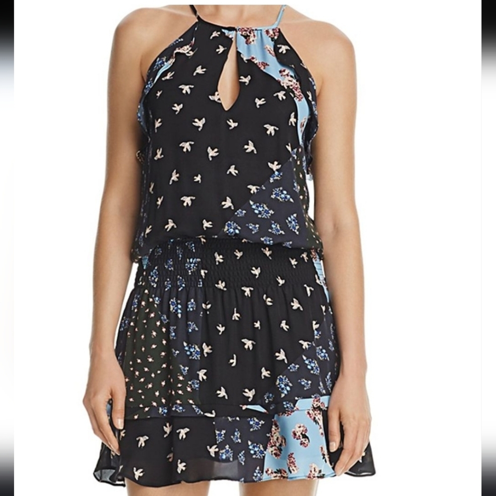 Parker Williame Floral Bird Print Mini Dress in 100% silk.
